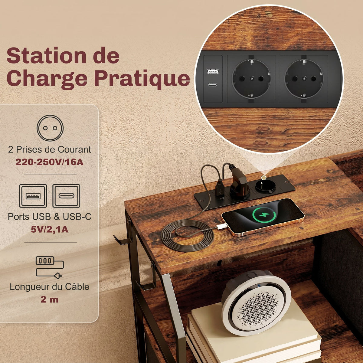 Commode, meuble de rangement avec station de recharge, 8 tiroirs en tissu, étagère ouverte, 130,5x30x88cm, marron-3