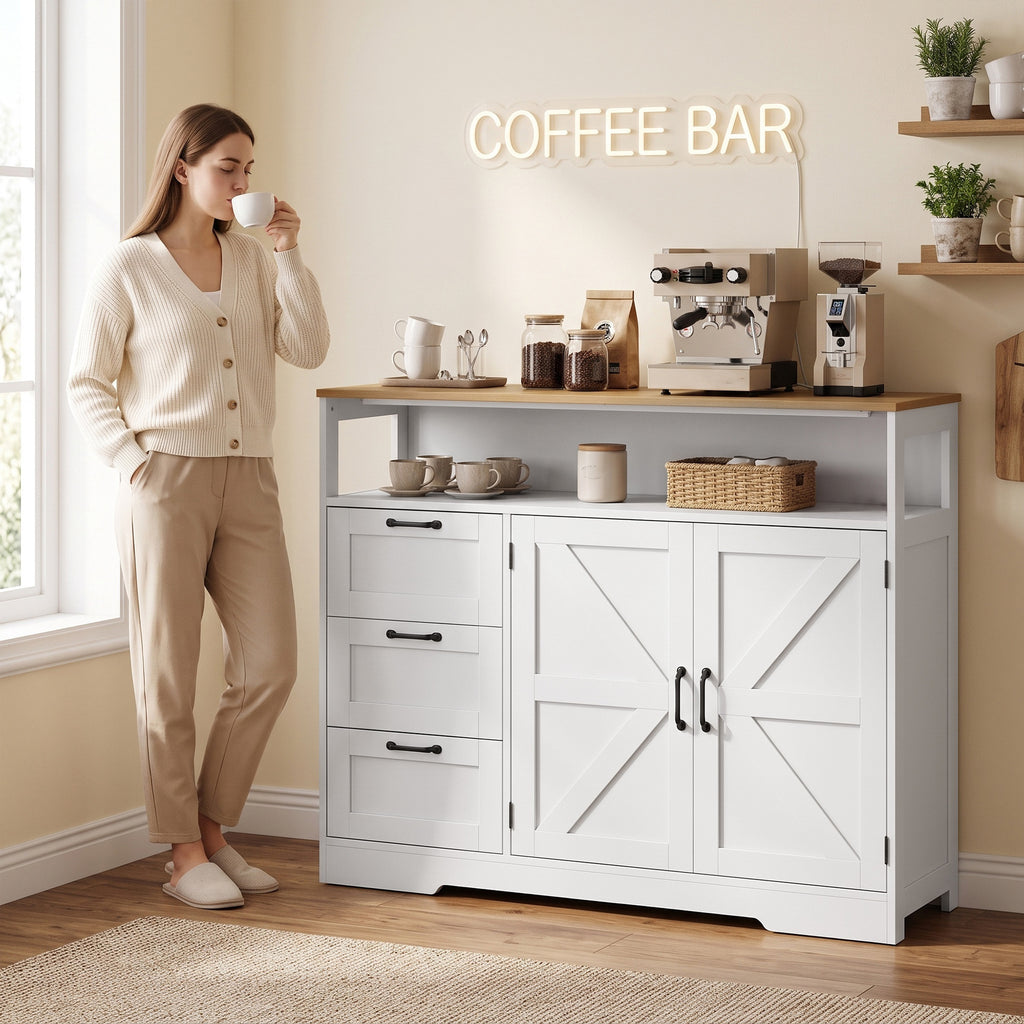 Buffet Cuisine, Meuble de Rangement avec 3 Tiroirs, 2 Portes Façon Grange, Plan de Travail et Compartiment Ouvert, Blanc-6