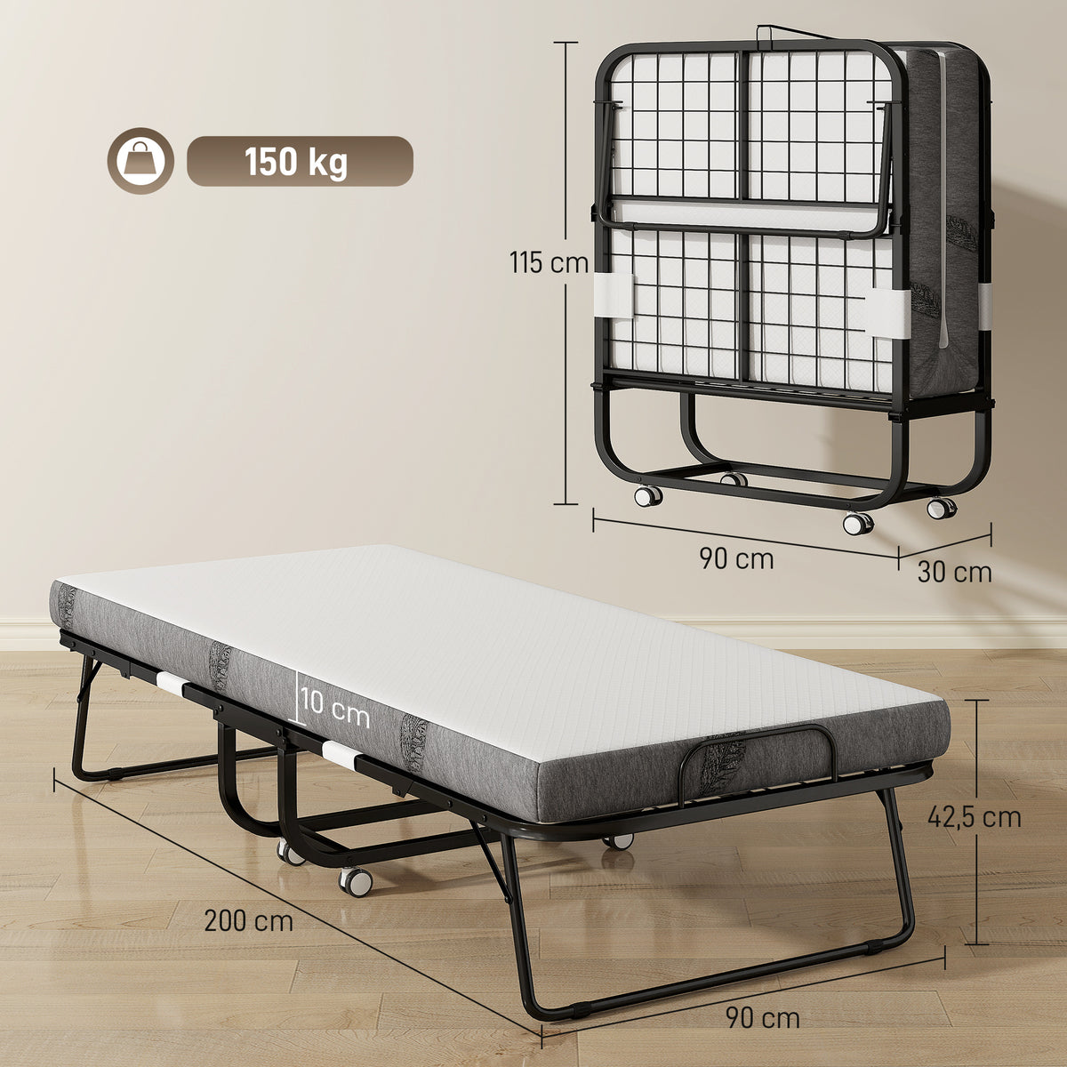 Lit pliant 1 personne 200 x 90 cm avec matelas, lit d'appoint pliable et portable sur roulettes, cadre en acier, blanc-2