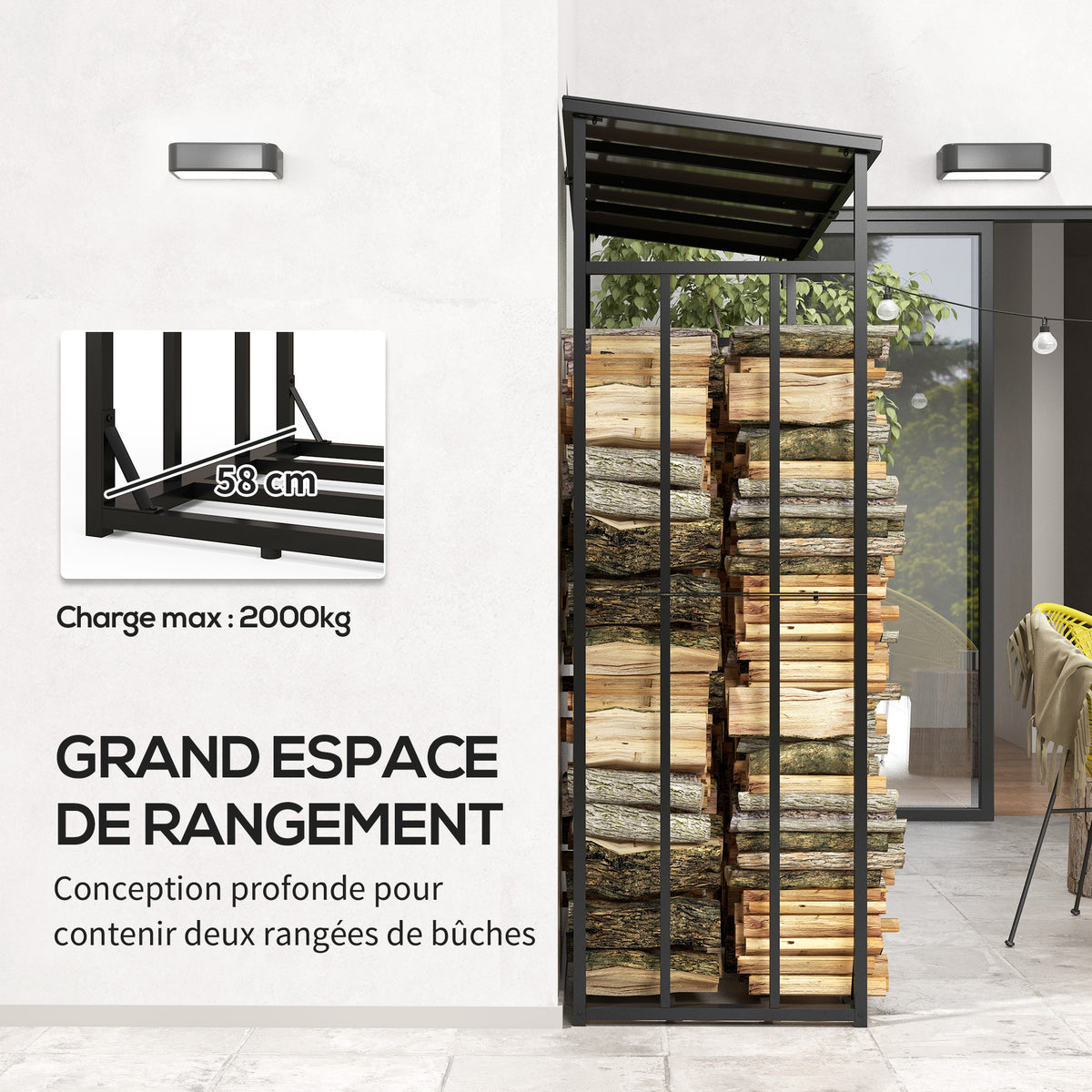 Abri-bûches range-bûche extérieur charge maximale 2000 kg avec housse de protection imperméable 185 x 62 x 184 cm noir-3