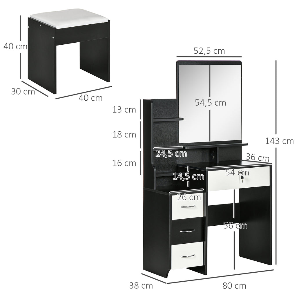 Ensemble de coiffeuse table de maquillage avec tabouret rembourré grand miroir + plusieurs étagères ouvertes + 4 tiroirs blanc noir-2