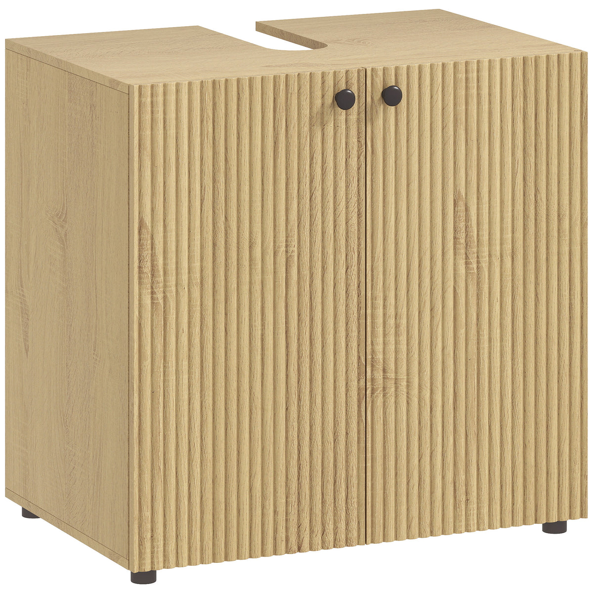 Meuble sous lavabo, meuble de salle de bain 2 portes à fermeture amortie, étagère réglable, 60x39,8x58,5cm, bois naturel-0