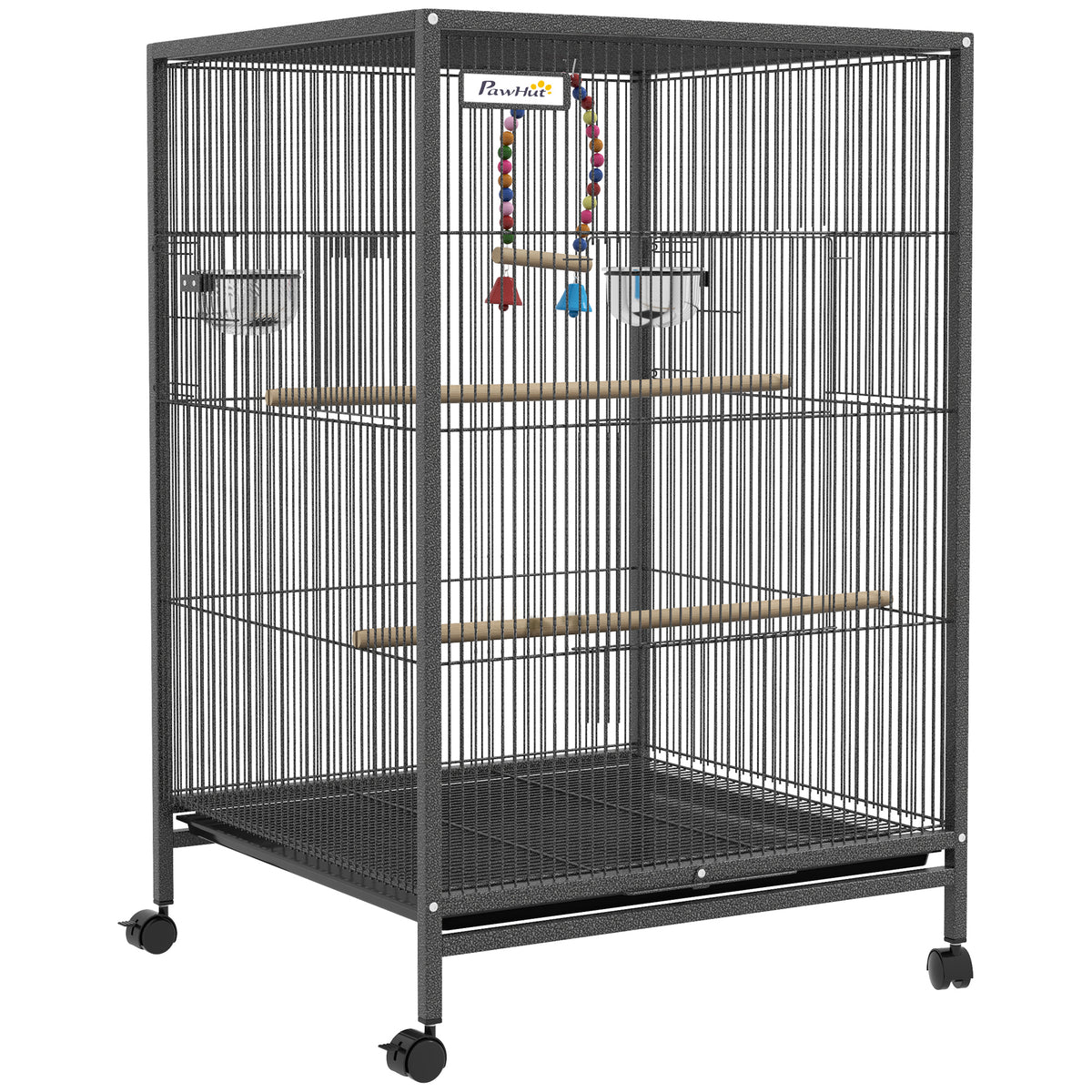 Cage oiseau sur pied cage sur roulettes avec balançoire, perchoirs et plateau coulissant 48 x 46 x 78 cm en acier noir-0