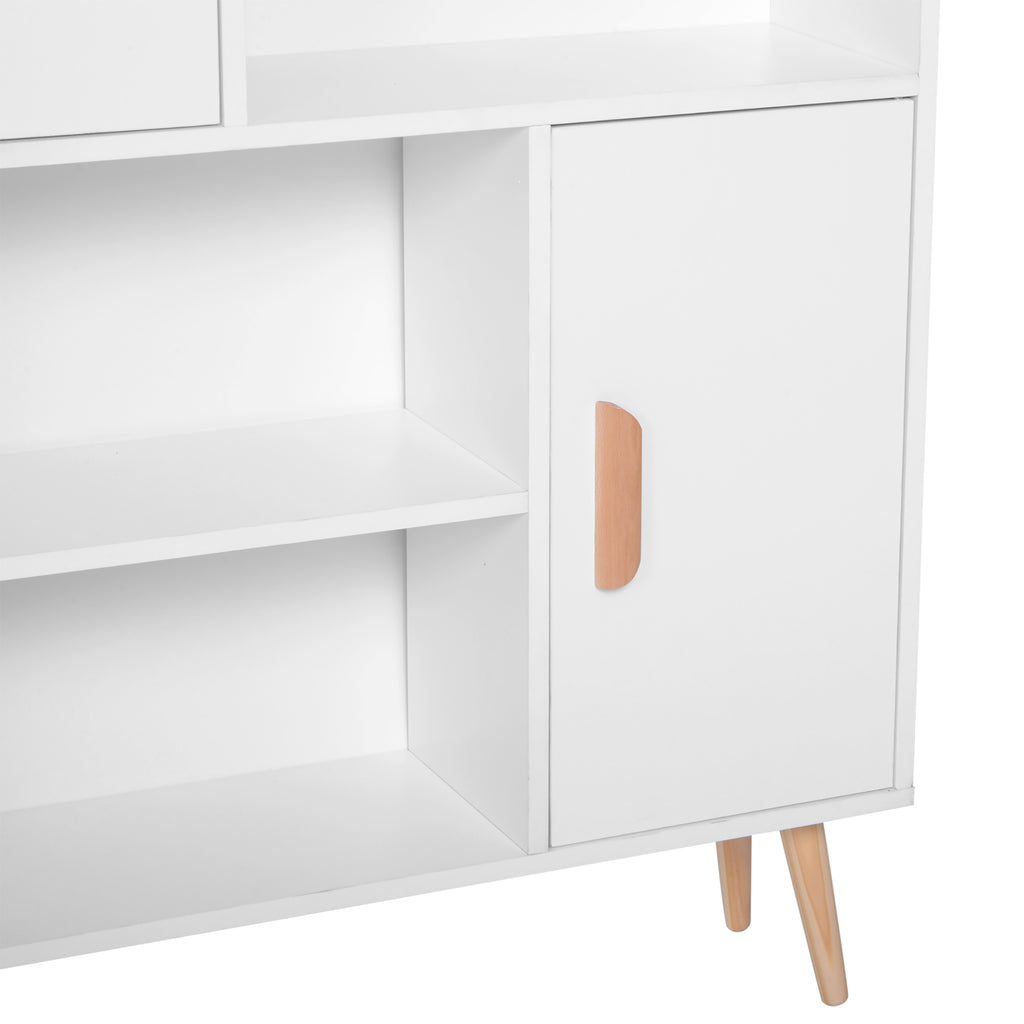 Bibliothèque scandinave 4 niches + 2 placards avec étagère dim. 80L x 24l x 123H cm Pieds effilés inclinés Bois Massif Panneaux Particules Blanc-8