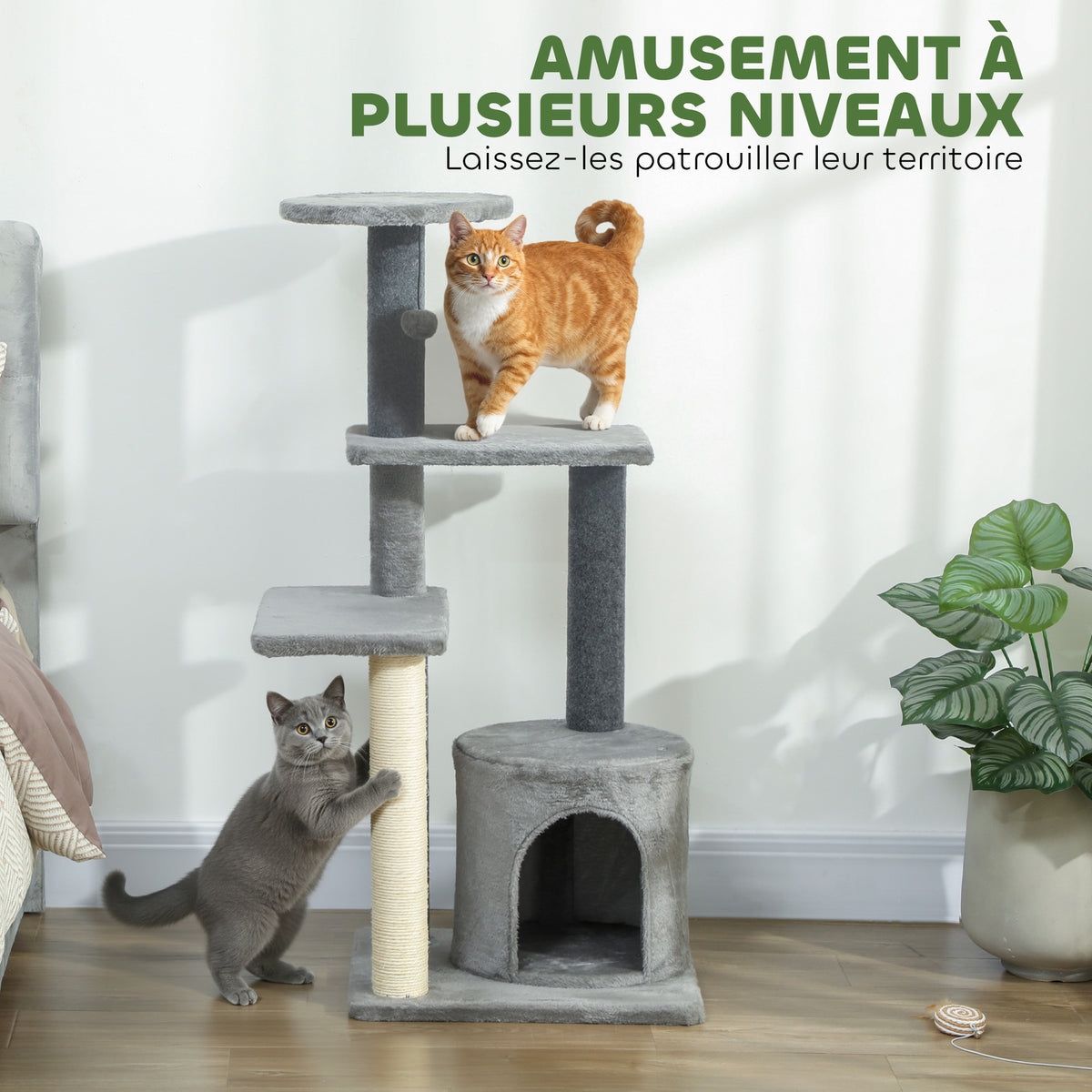 Arbre à Chat Hauteur 103 cm, Platesformes, Niche en Peluche, Balle en Peluche, Poteaux en Sisal, Base Renforcé, Gris-3