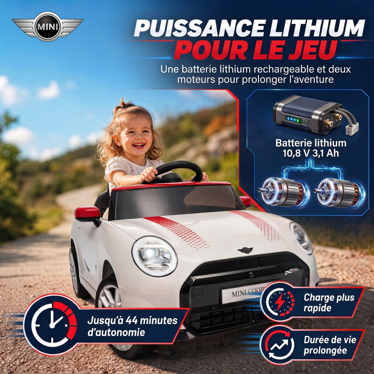 Voiture Électrique Enfants 12V MINI Cooper, Véhicule Électrique, 3-6 km/h, 2 Moteurs, Télécommande, pour 3-5 Ans, Blanc-5