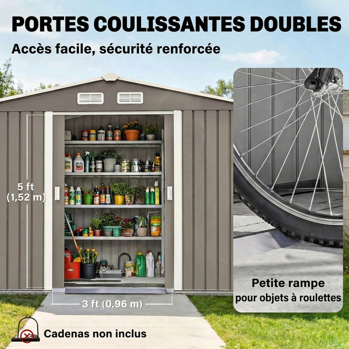 Abri de jardin 5,4 m² 2,77 x 1,95 x 1,92 m kit de fondation porte coulissante ventilations acier galvanisé, gris-4