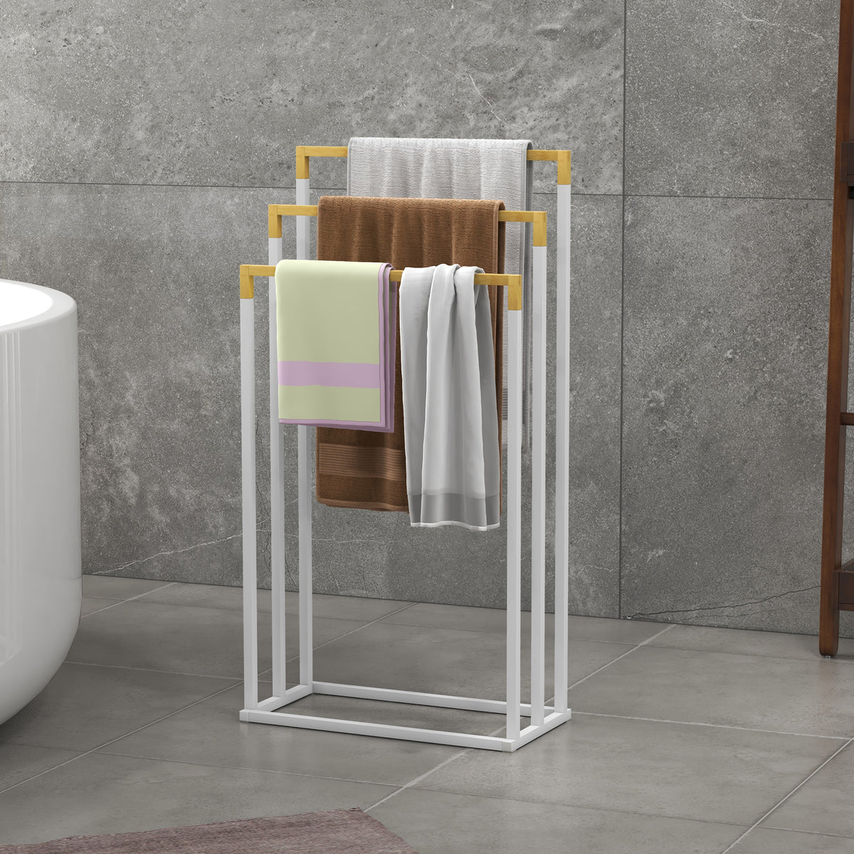 Porte-serviettes en bambou et acier sur pieds avec 3 barres support pour serviette 45 x 22,5 x 86 cm blanc et naturel-1