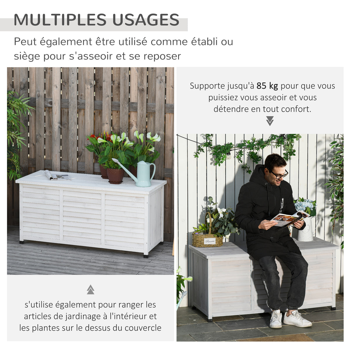 Coffre de rangement extérieur malle de rangement en bois 283L 2 chaînes 127 x 56 x 60 cm blanc-4