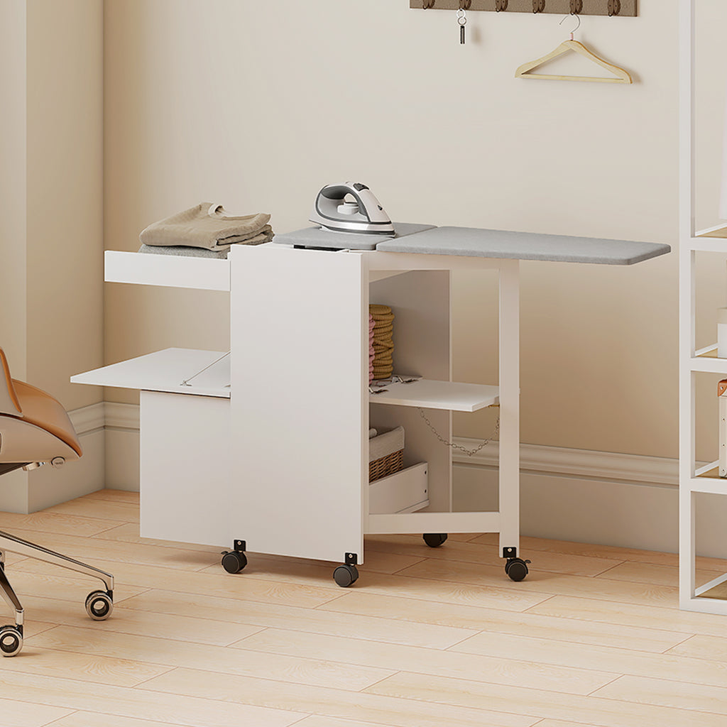 Meuble à repasser, table à repasser pliante sur roulettes avec portes par pression, charnières à fermeture douce, blanc-7