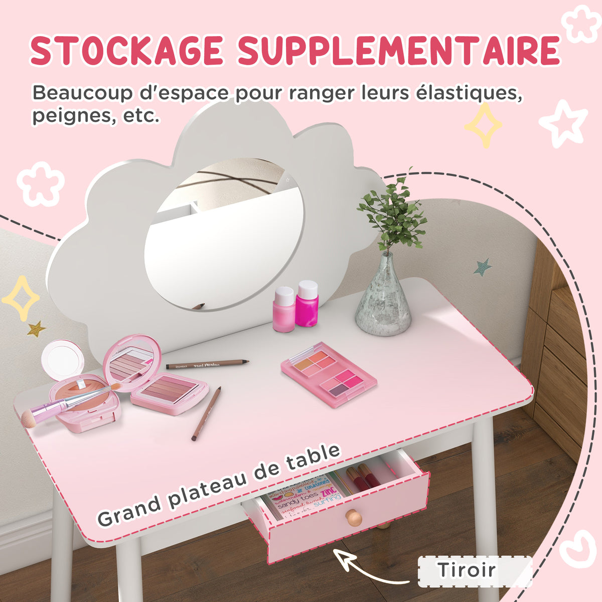 Ensemble coiffeuse pour enfant avec tabouret, coiffeuse 2 pièces pour enfants de 3 à 6 ans, miroir forme de nuage, blanc-4