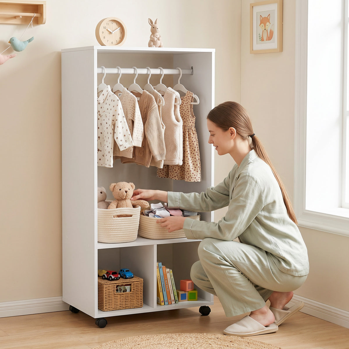 Armoire penderie étagère 2 niches 4 roulettes pivotantes dim. 60L x 40l x 128H cm Blanc-6