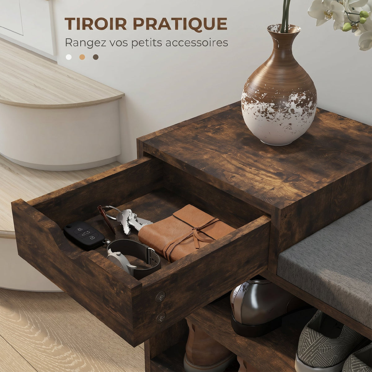 Meuble et Banc à Chaussures, 1 Tiroir et 3 Compartiments, Capacité 5 Paires, MDF, 76,5 x 30 x 52 cm, Marron-4