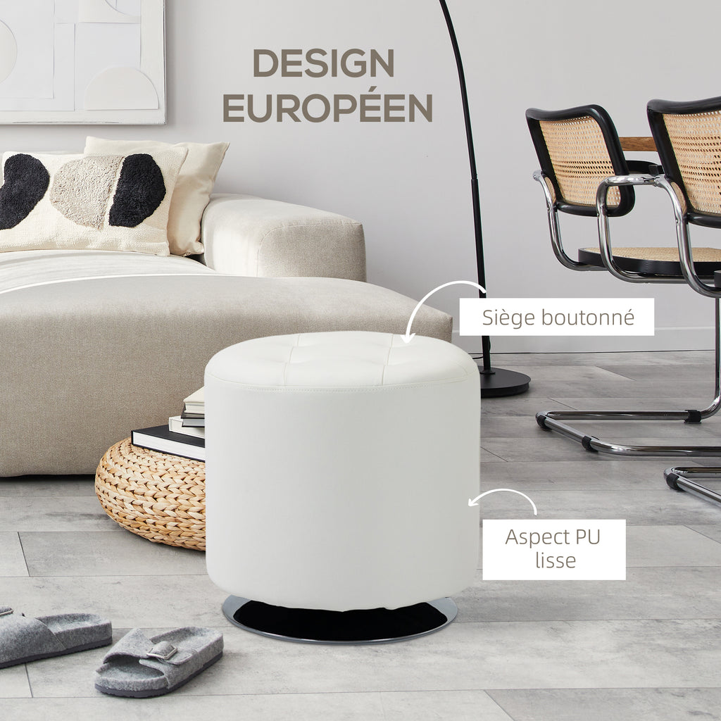 Repose pied salon pivotant à 360°, ottoman rond rembourré en PU avec base en acier, Ø 45,5 x 44,5 cm, blanc-4