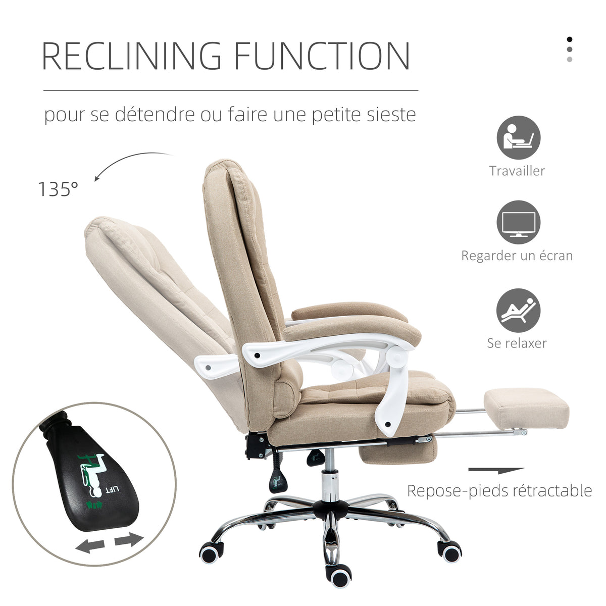 Fauteuil de bureau manager chaise pour ordinateur avec repose-pied dossier inclinable accoudoirs rembourrés en lin beige-4