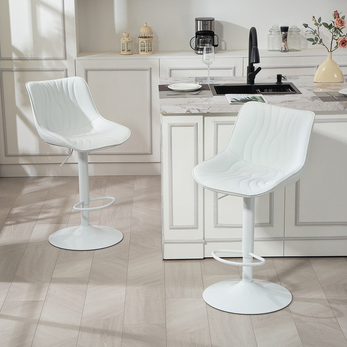 Lot de 2 tabourets de bar, chaises de bar structure en acier hauteur réglable 92-110 cm, dossier repose-pieds blanc-1