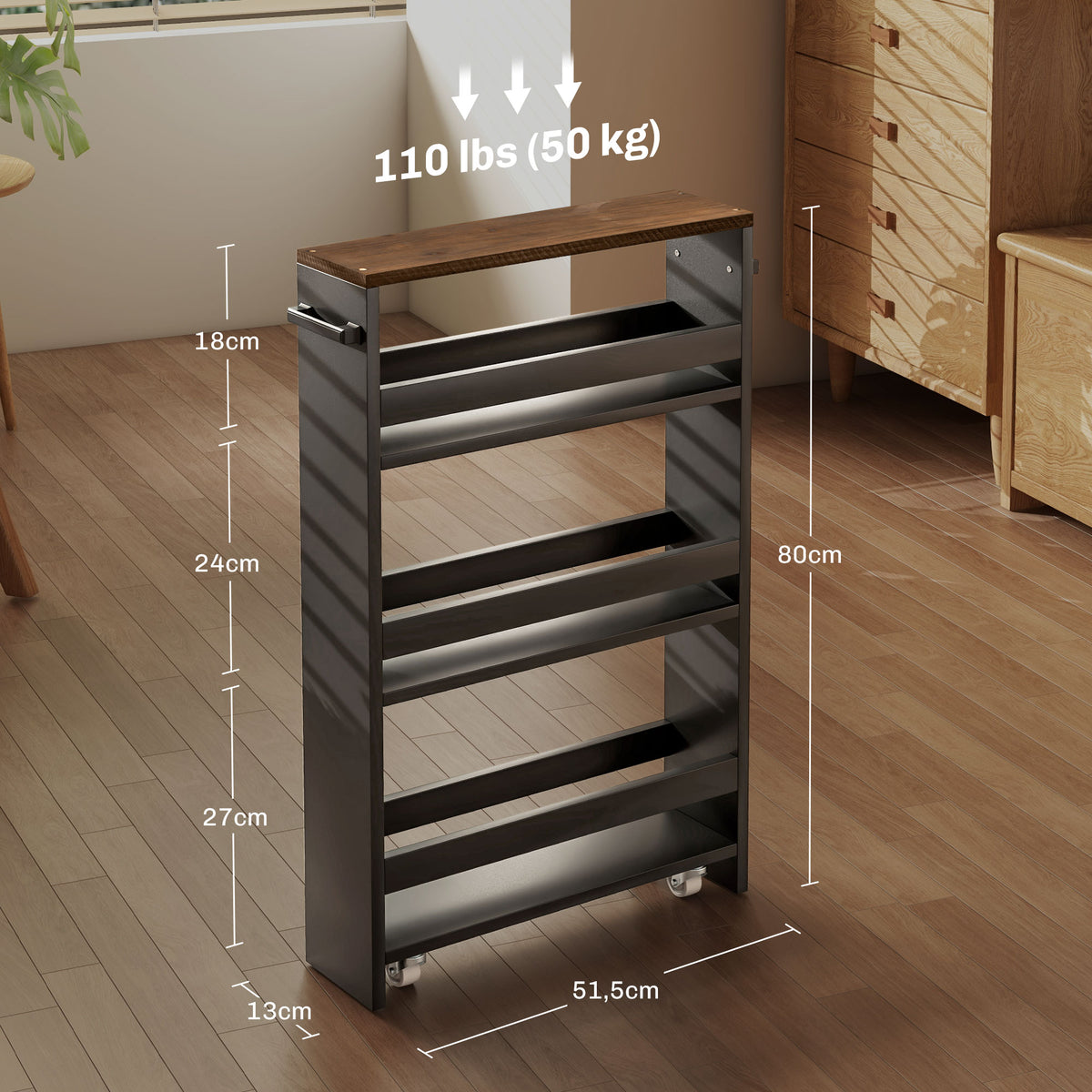 Chariot de rangement sur roulettes 3 niveaux de rangement et poignée, dim. 51,5l x 13P x 80H cm-2