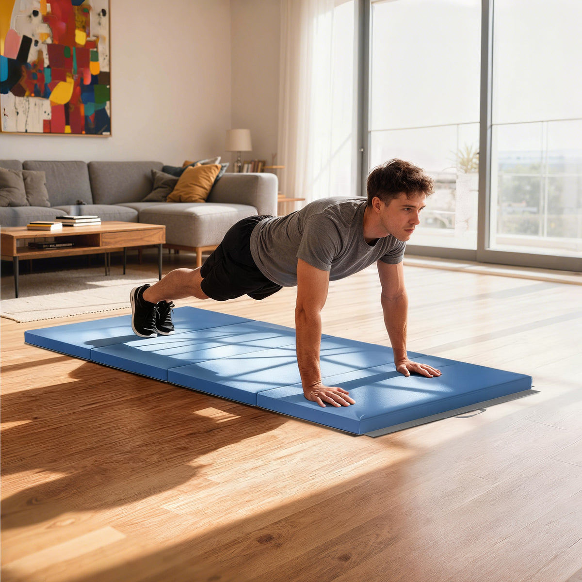 Tapis de gymnastique yoga pilates fitness pliable en 4 avec poignées revêtement synthétique 180 x 80 x 5 cm bleu clair-9