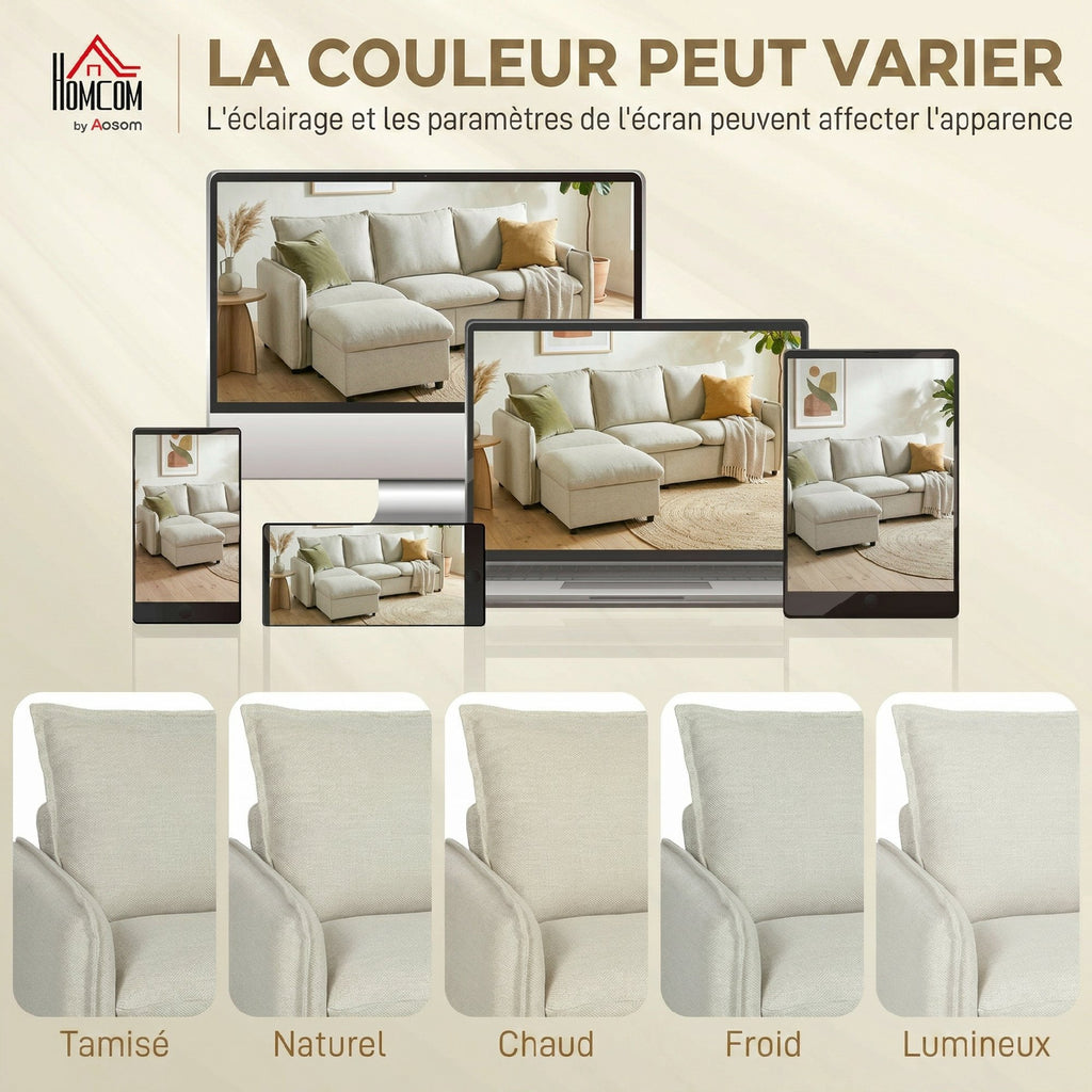 Canapé 3 places avec pouf de rangement, canapé d'angle modulable 212 cm, coussins à ressorts, tissu en lin, crème-6