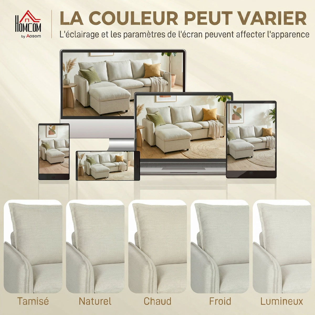 Canapé 3 places avec pouf de rangement, canapé d'angle modulable 212 cm, coussins à ressorts, tissu en lin, crème-6