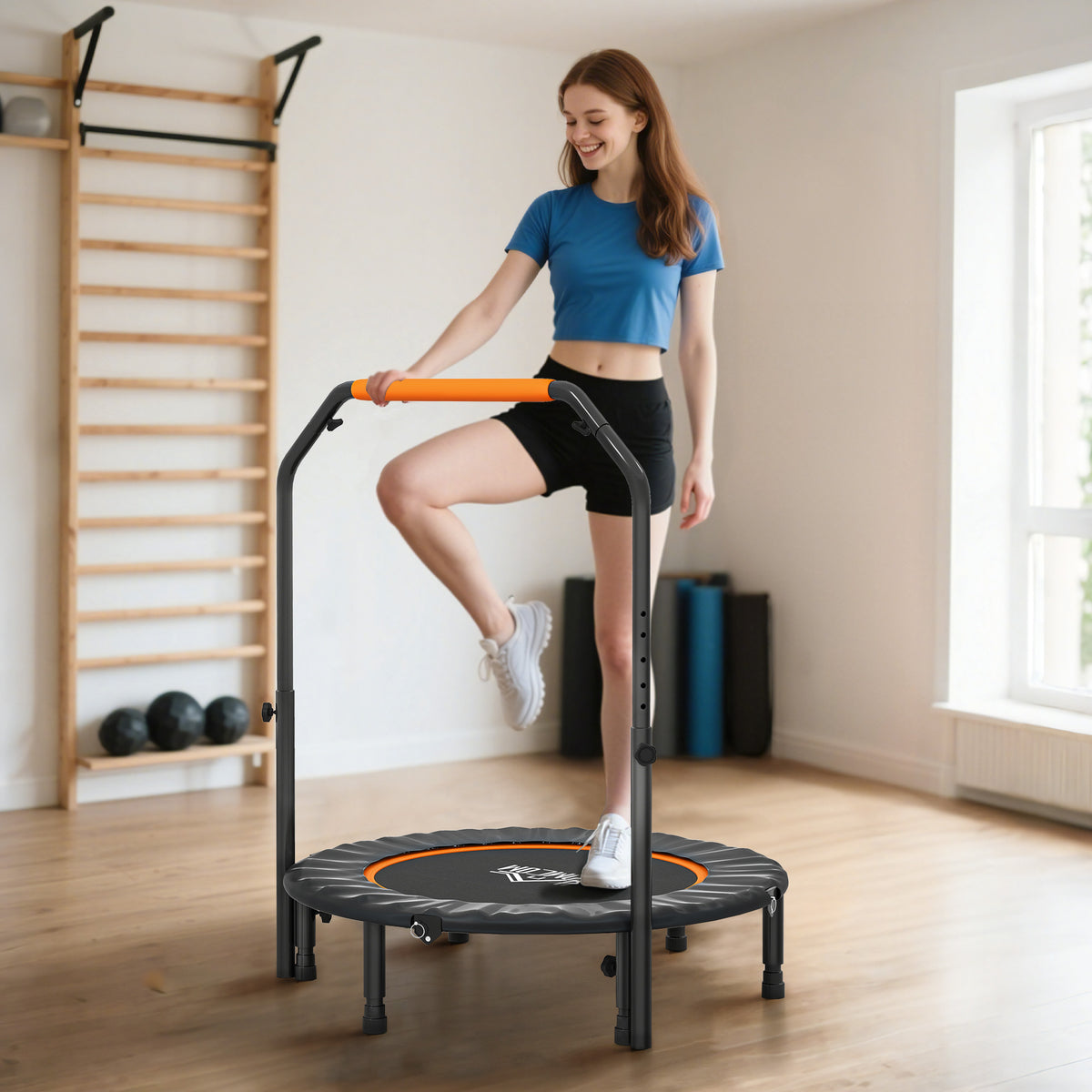 Trampoline de fitness gymnastique avec poignée réglable, pliable, 6 pieds, 28 ressorts Ø 102 cm, noir orange-1