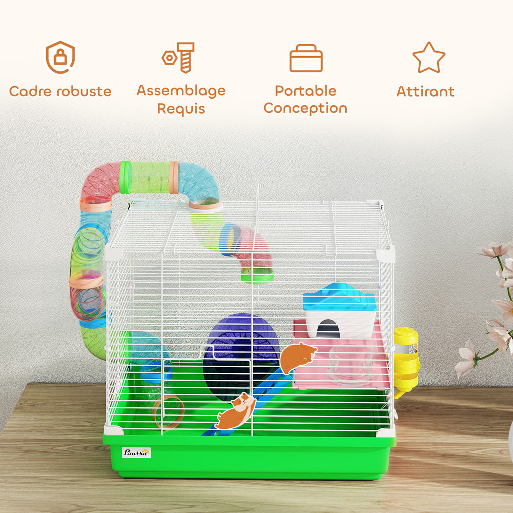 Cage à hamster rongeur 2 niveaux avec tunnel, biberon eau, roue, maisonnette, échelles 46 x 30 x 37 cm vert-6