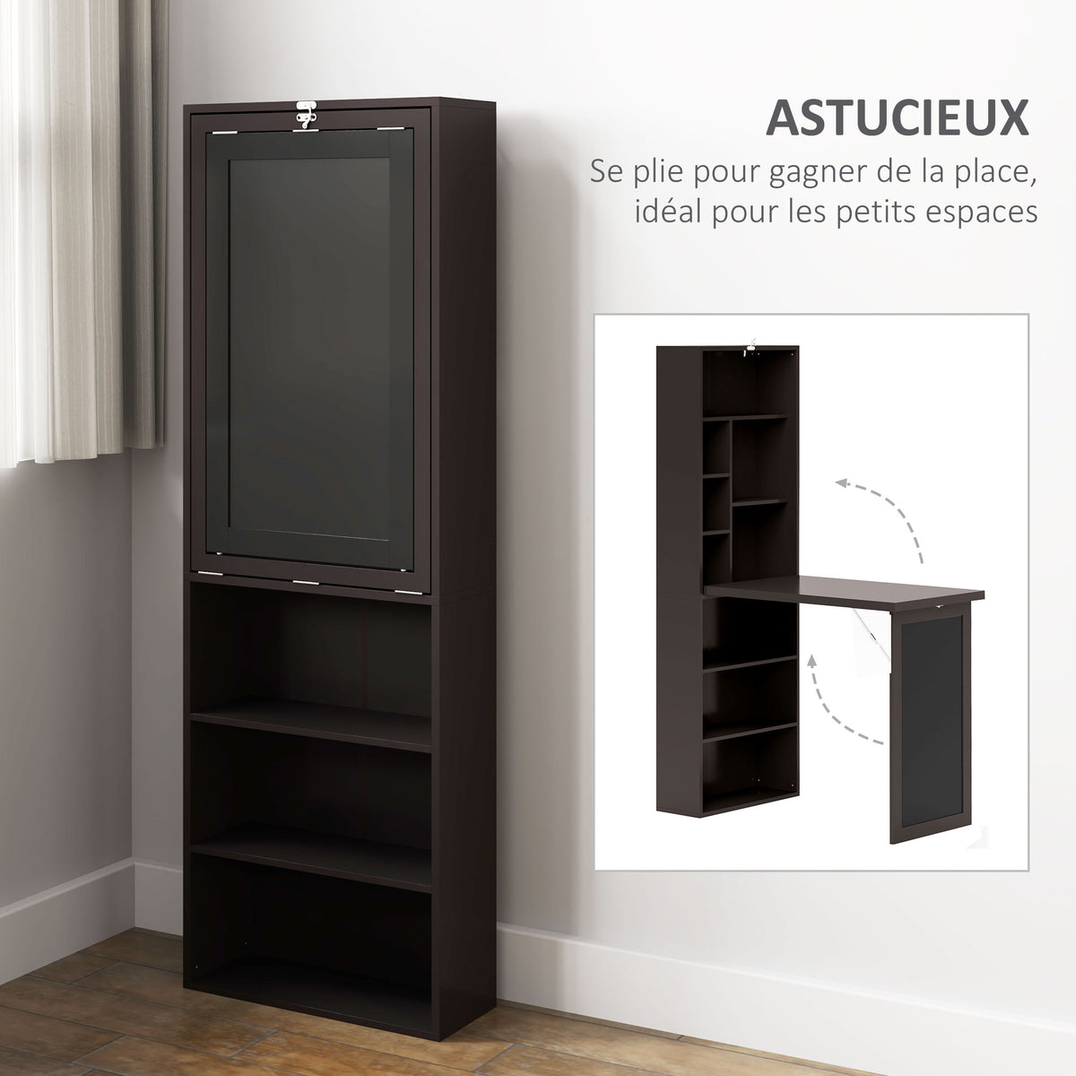 Bureau avec rangement pliable murale rabattable avec bibliothèque poste de travail tableau à craie et étagère réglable-5