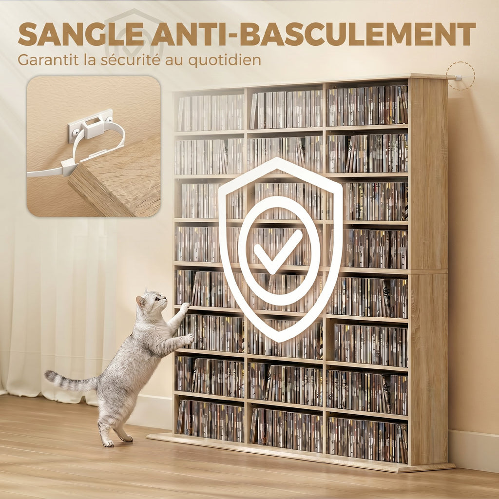 Meuble de rangement 1032 CDs / 594 DVDs, étagère multimédia, 24 compartiments et 18 étagères ajustables, chêne-5