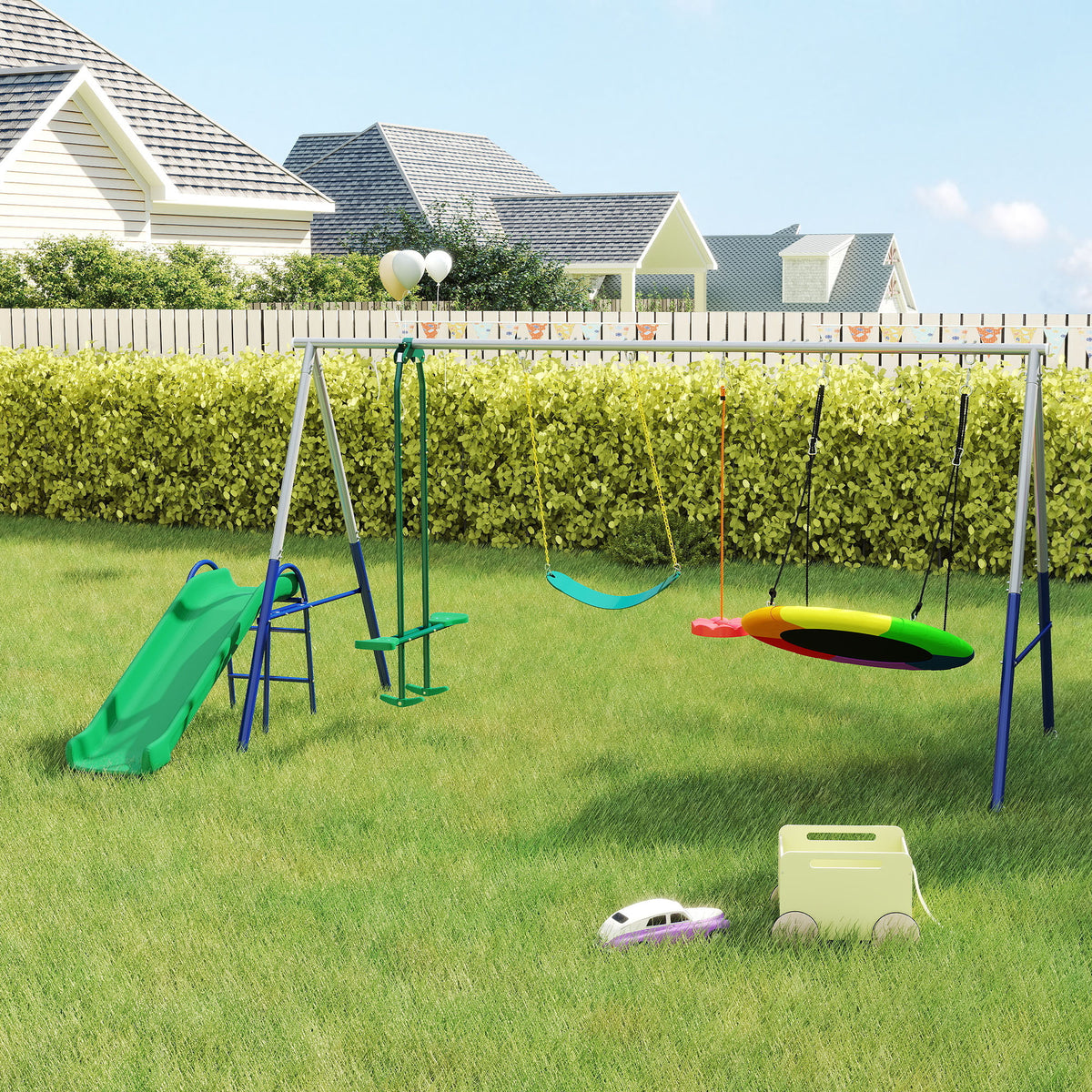 Balançoire Portique Enfants 5 en 1 avec Toboggan, 3 Balançoire, Face à Face, Hauteur Réglable, 3-8 ans, Multicolore-1