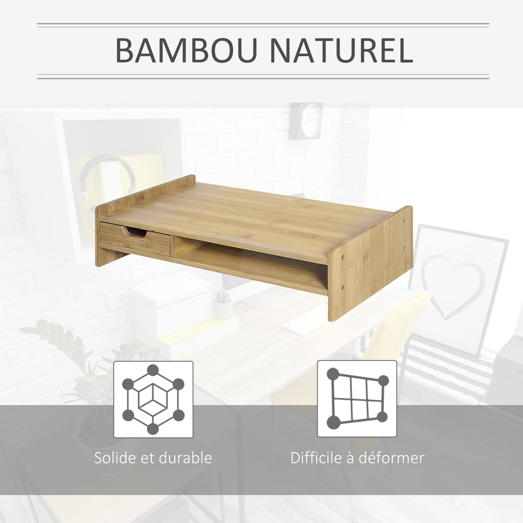 Support d'écran, Ordinateur portable Socle TV Ordinateur de bureau Organisateur avec tiroir Bambou-5
