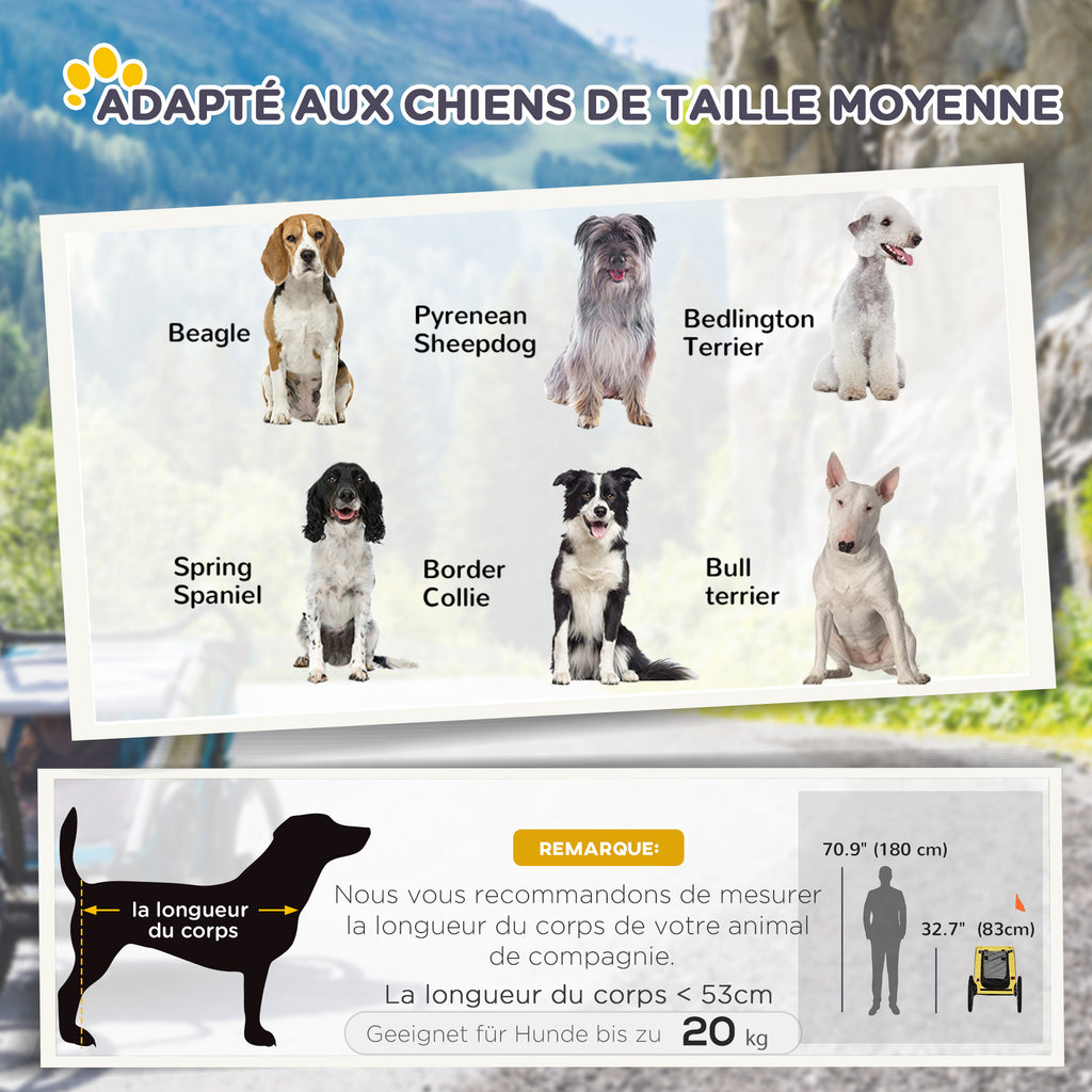 Remorque de vélo pour chien avec fenêtres en maille réflecteurs et drapeau de sécurité 140 x 71 x 83 cm jaune-3