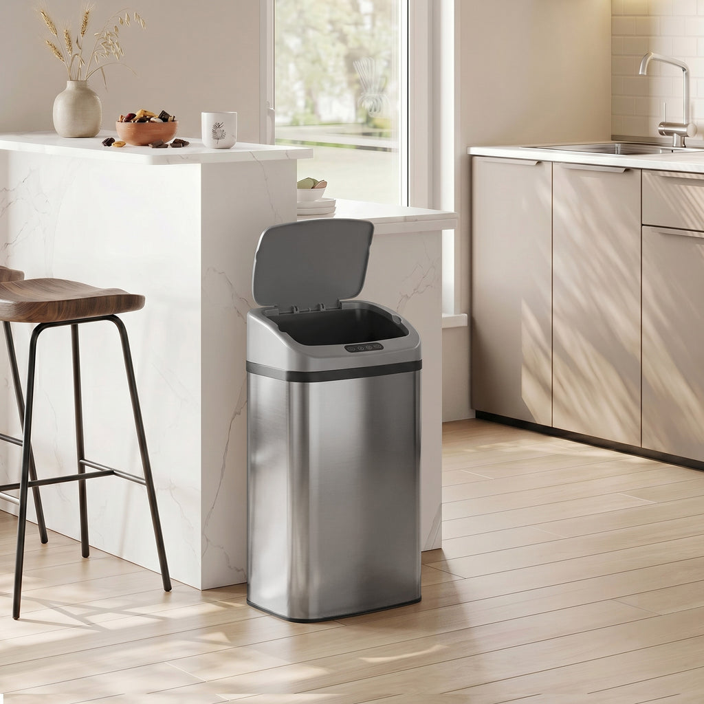 Poubelle de cuisine automatique 48L en acier inoxydable, couvercle à fermeture en douceur, 33x25x69cm, argent-7