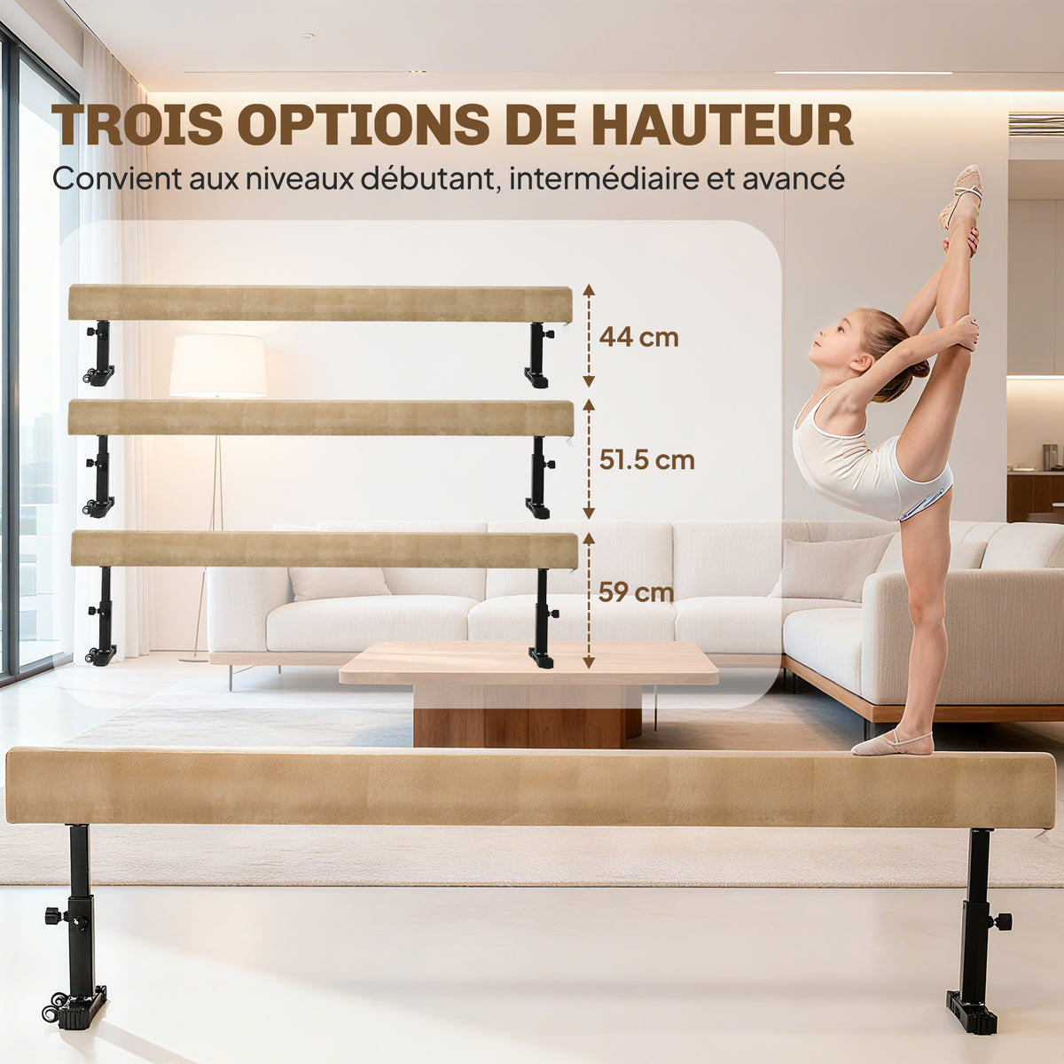 Poutre de Gymnastique 226 cm Antidérapant, Hauteurs Réglable, avec Roulettes, en Acier et Bois Massif, Marron-4