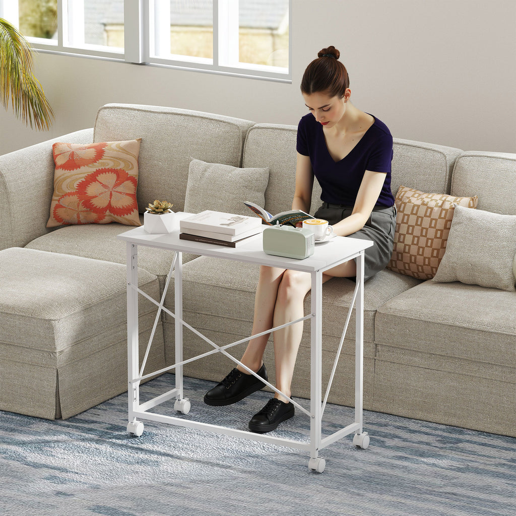Bureau pliant table d'ordinateur 80 x 40 cm sur roulettes pour bureau à domicile, chambre, petits espaces, blanc-9
