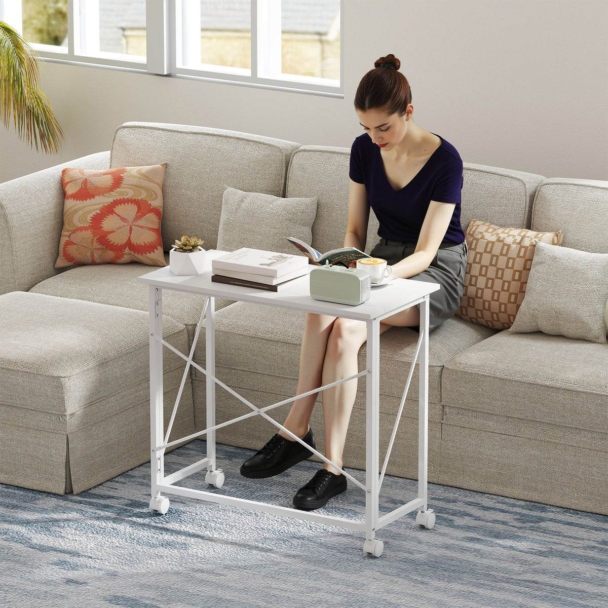 Bureau pliant table d'ordinateur 80 x 40 cm sur roulettes pour bureau à domicile, chambre, petits espaces, blanc-9