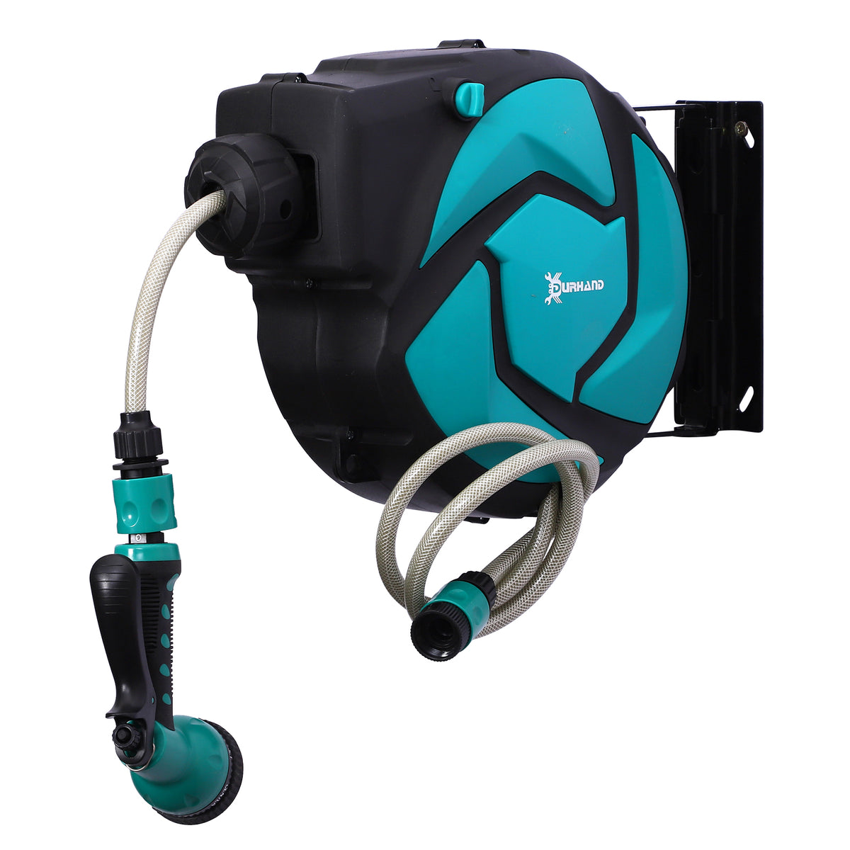 Dévidoir Mural Enrouleur Automatique pivotant 180° Tuyau 10 + 1 m avec Lance arrosage Support Mural intégré Turquoise Noir-0