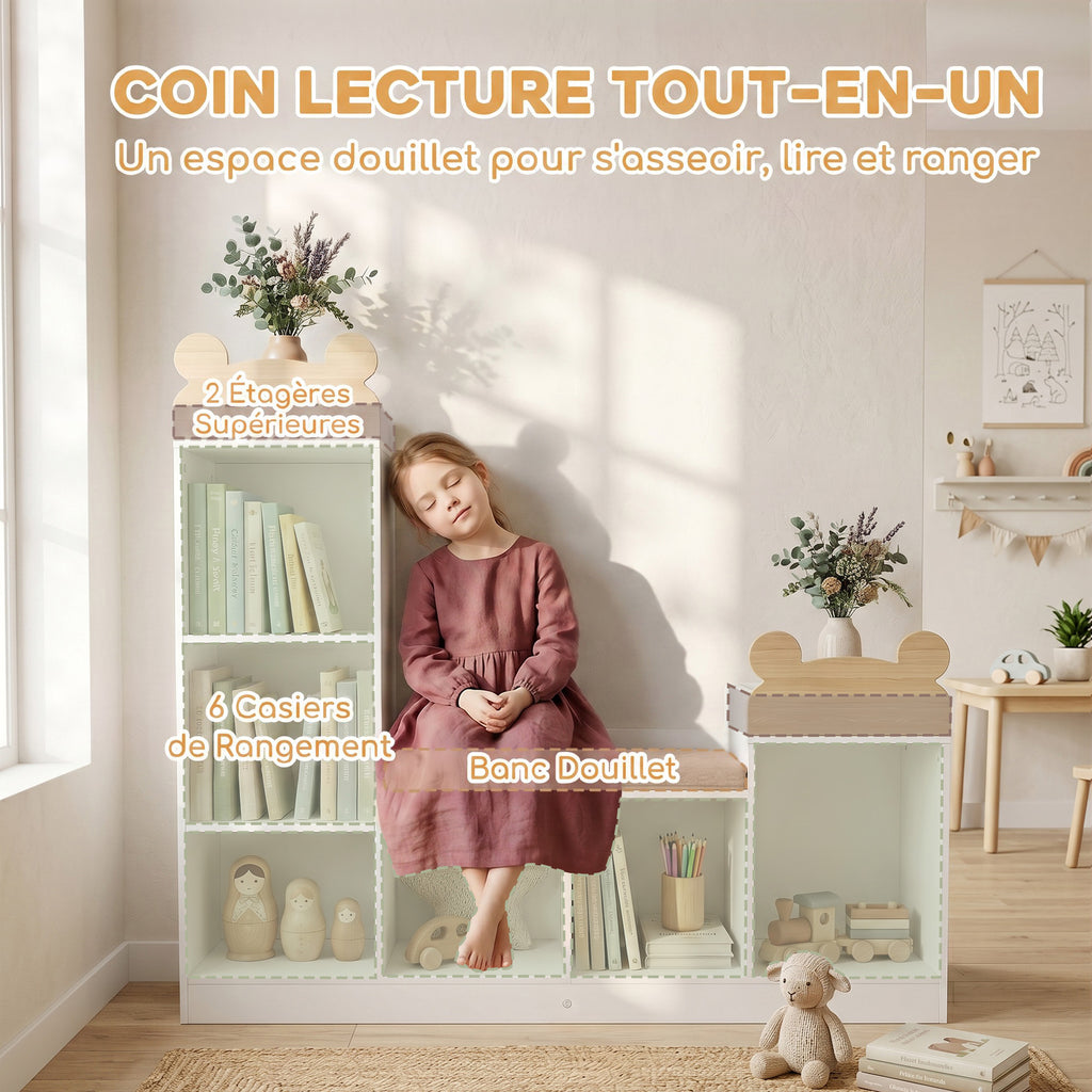 Bibliothèque Enfant, Meuble Rangement Enfant 3 en 1 avec Banc, 6 Compartiments, 2 Étagères, Coussin d'Assise, Blanc-3