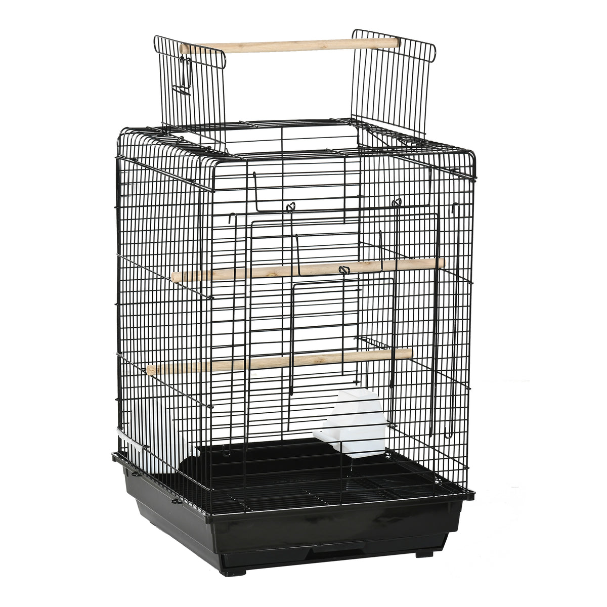 Cage à oiseaux en métal avec mangeoires perchoirs plateau amovible poignée dim. 40L x 40l x 59H cm noir-0