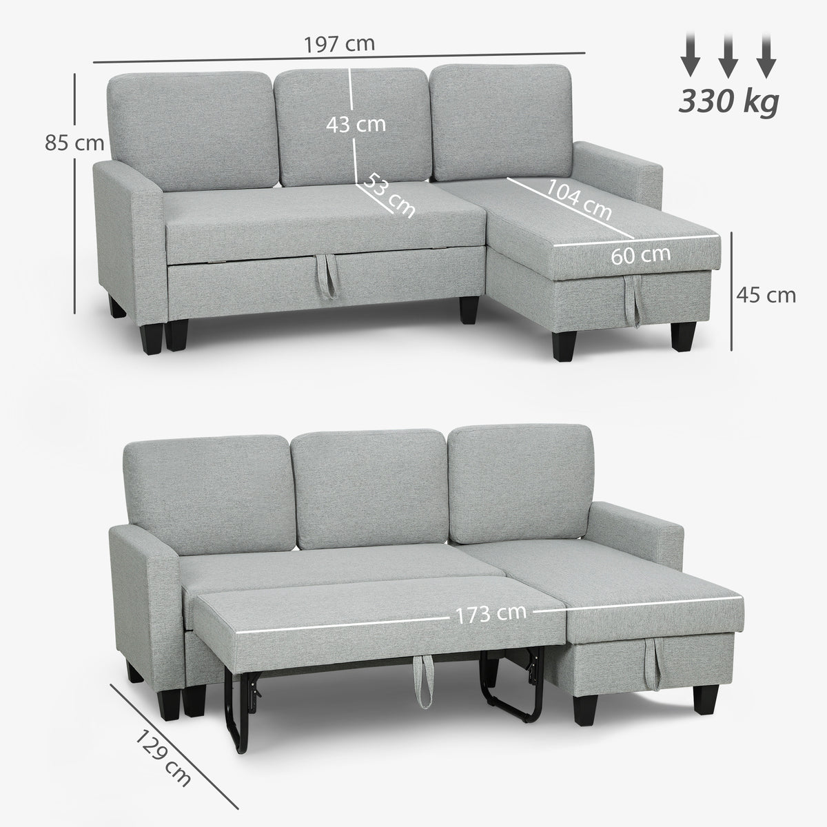 Canapé d'angle convertible réversible, canapé-lit 3 places, méridienne, coffre de rangement, 197lx129x 85cm, gris clair-2