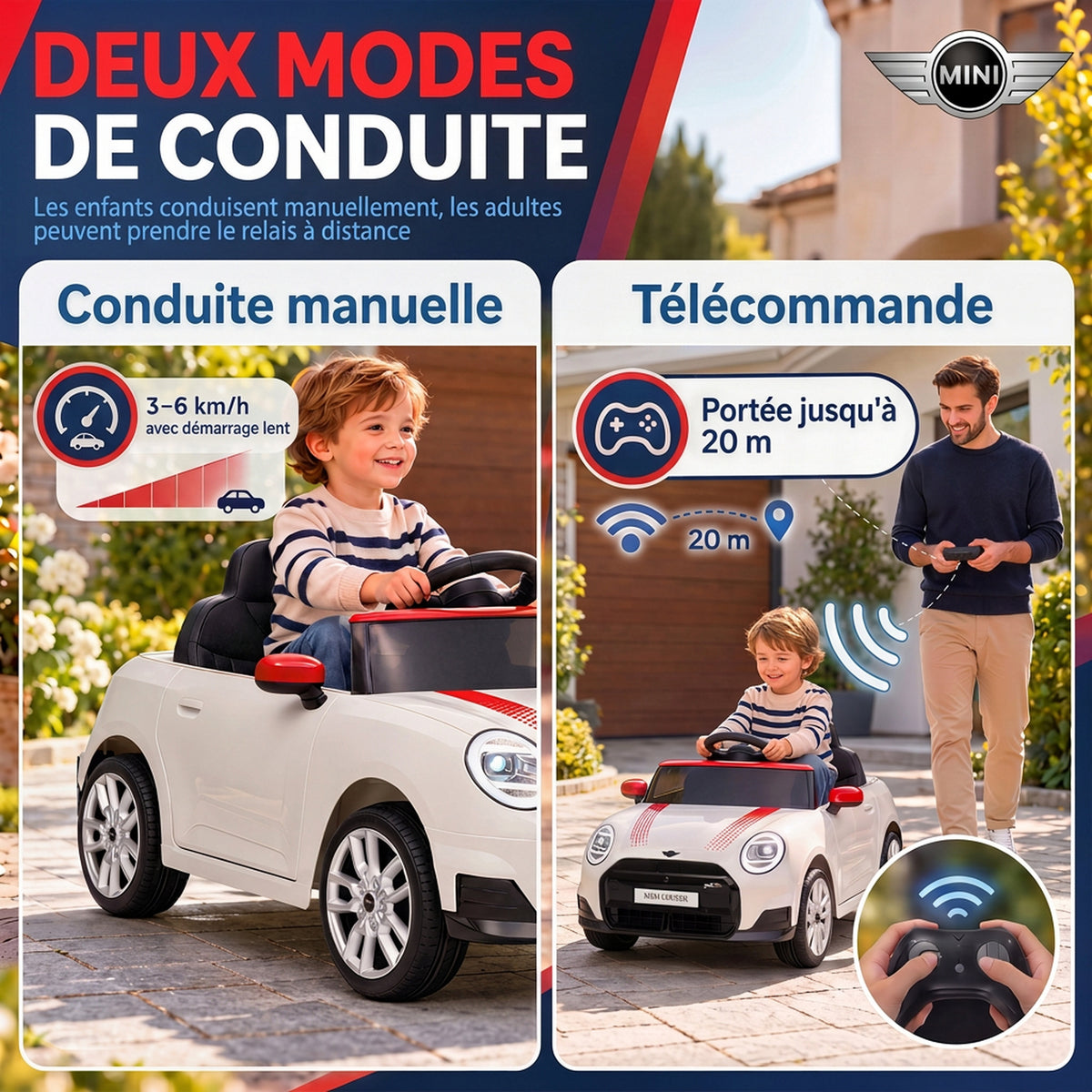 Voiture Électrique Enfants 12V MINI Cooper, Véhicule Électrique, 3-6 km/h, 2 Moteurs, Télécommande, pour 3-5 Ans, Blanc-6