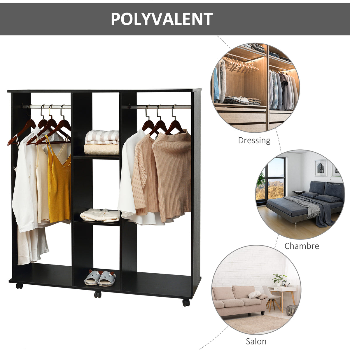 Armoire penderie Meuble de Rangement Mobile 6 roulettes 120L x 40l x 128H cm en bois Noir-4