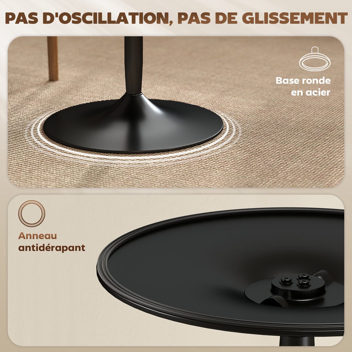 Table à manger ronde 70 cm pour 2 personnes avec plateau en placage de bois massif et piétement en acier marron-5