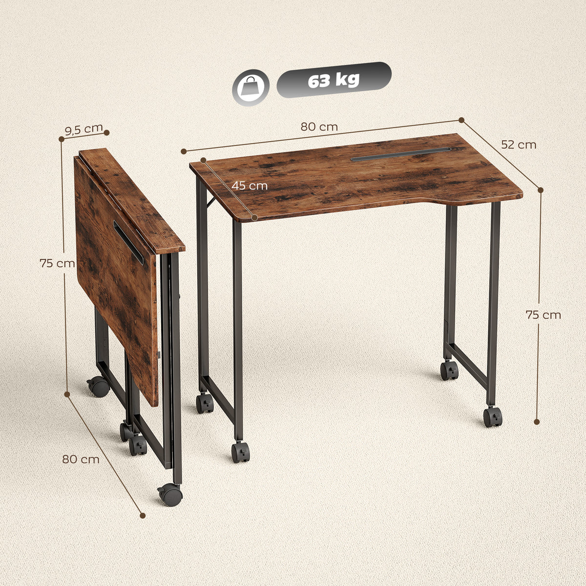 Bureau Pliable 80 x 52 cm, Bureau Ordinateur sur Roulettes avec Fente d'Appareil, Montage Facile, Marron-2