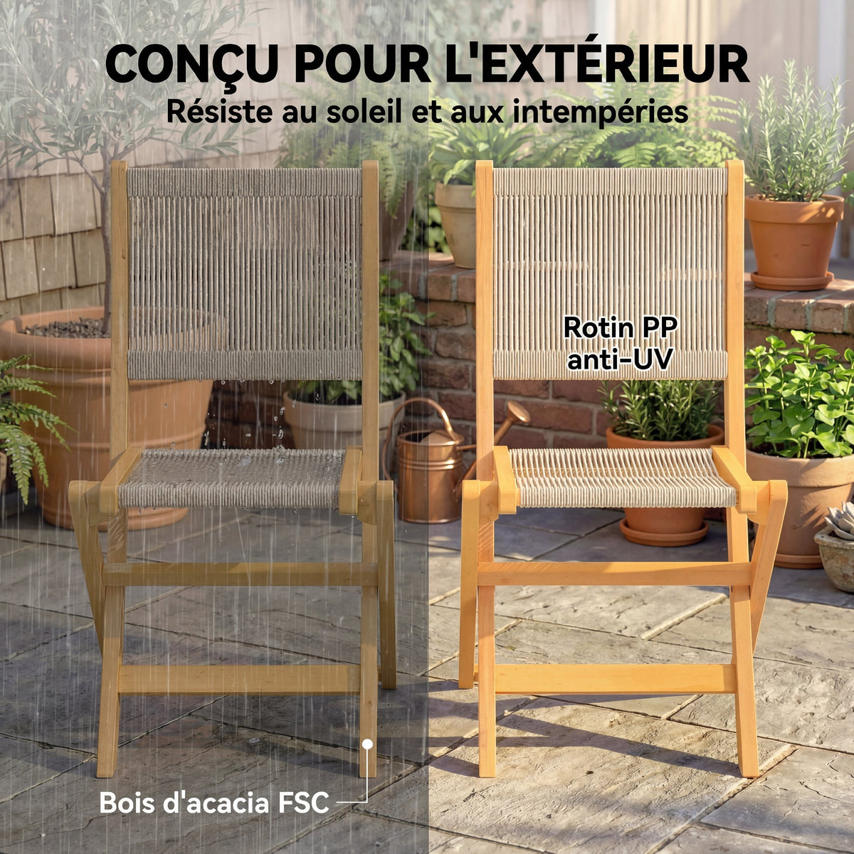 Lot de 2 Chaises de Jardin Pliantes Chaises de Balcon en Bois d'Acacia Assise en Corde Tressée Naturel et Beige-4