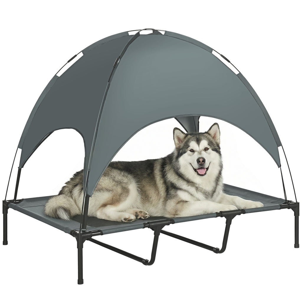 Lit Chien Sureleve avec Parasol, Lit de Camp Chien Chat sur Pieds Tissu Oxford Respirant, Anti-UV Cadre en Métal Sac de Transport Inclus Couchage Extérieur pour Chat 122 x 92 x 108 cm Gris Noir-0