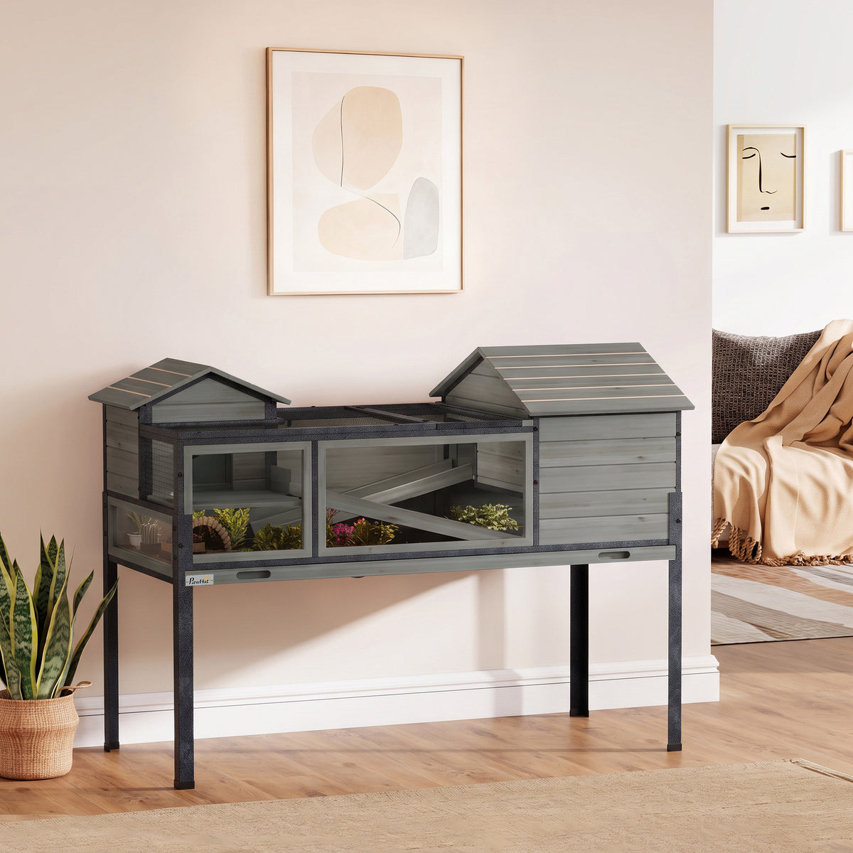 Maison pour tortues à 2 étages 2 chambres fenêtres rampes toit ouvrable et plateau 128 x 63 x 96 cm gris-1