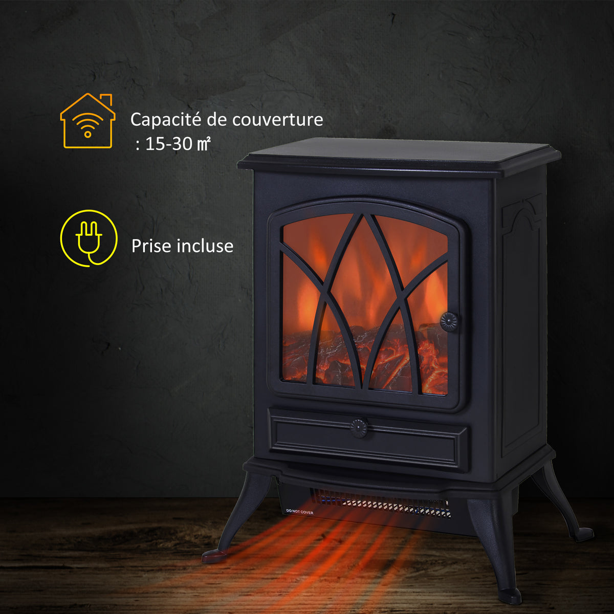 Cheminée électrique sur pied 1000/2000 W, fausse cheminée décorative avec effet flamme LED, protection contre la surchauffe, zone de couverture 15-30 m², noir-3