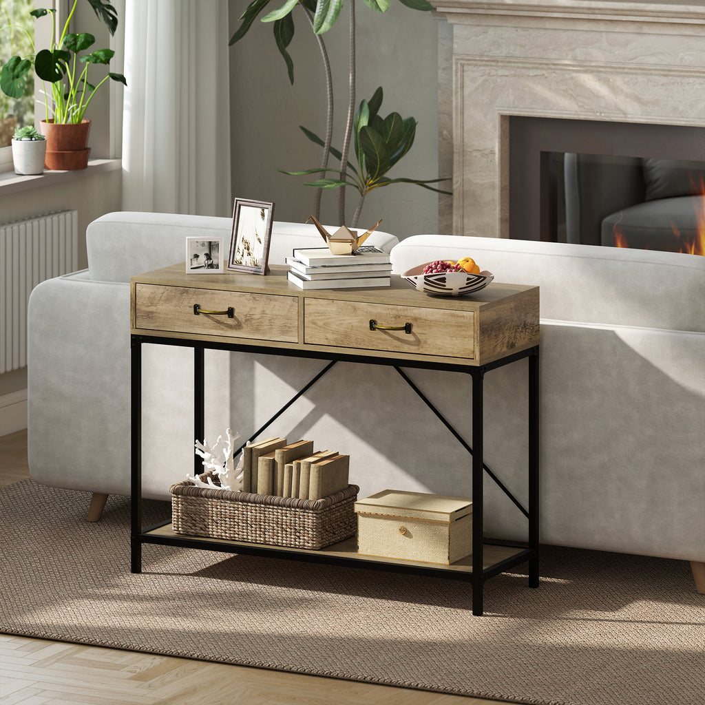 Table Console Table d'appoint d'entrée Industriel dim. 100L x 35l x 76H cm avec 2 tiroirs et 1 plateau Aspect Bois-4