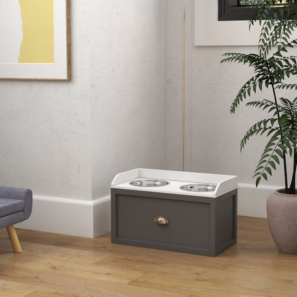 Gamelle double chien chat - porte-gamelles surélevé rangement 2 en 1 - tiroir, 2 gamelles - acier inox. MDF blanc gris-8