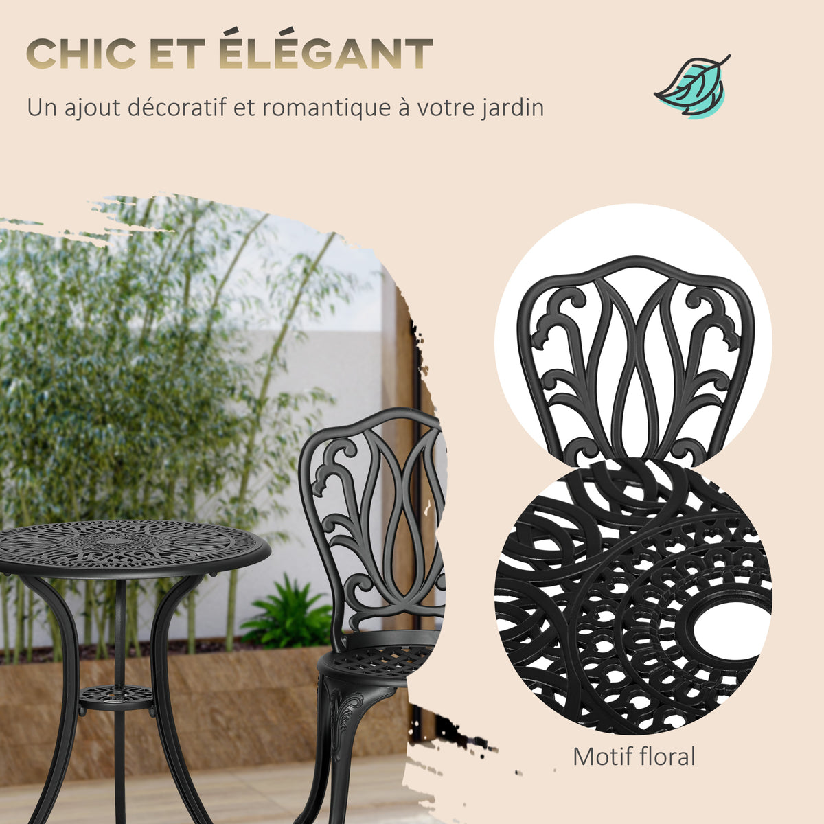 Ensemble Salon de Jardin 2 Places 2 chaises + Table Ronde style charme rétro en fonte d'aluminium, noir-6